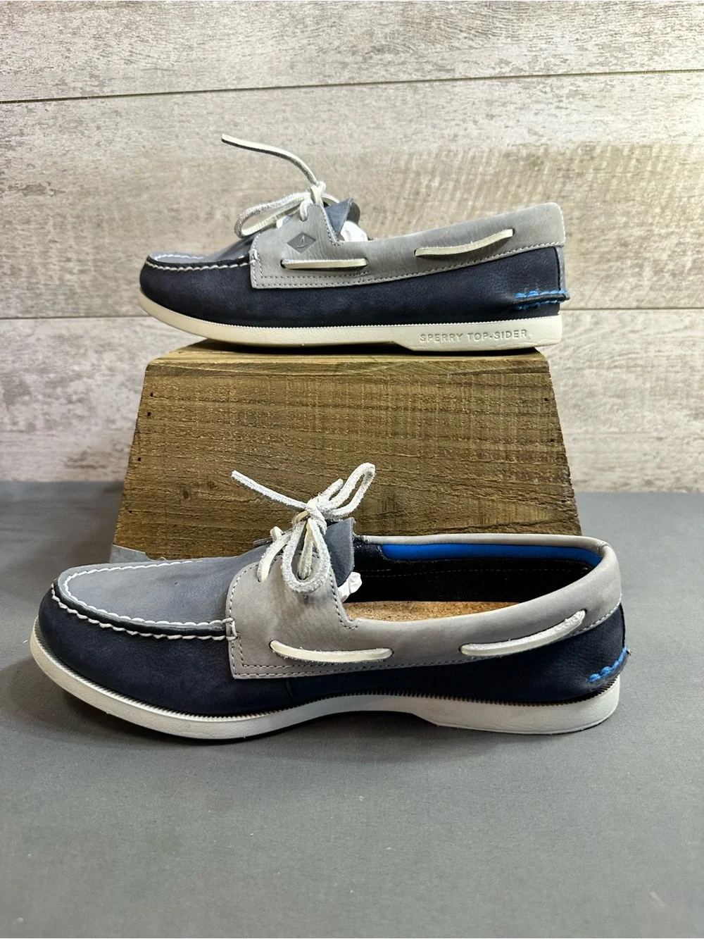 Sperry Authentic Original Plush Washable Boat Shoes Navy Gray Cork Mens Size 9M